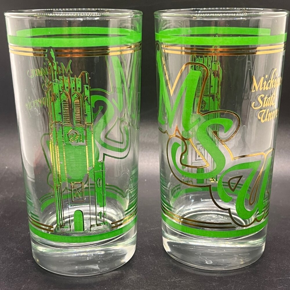 MSU Mich State Green & Gold Trimmed MCM Vintage High Ball Glass‎ Tumblers Set 2